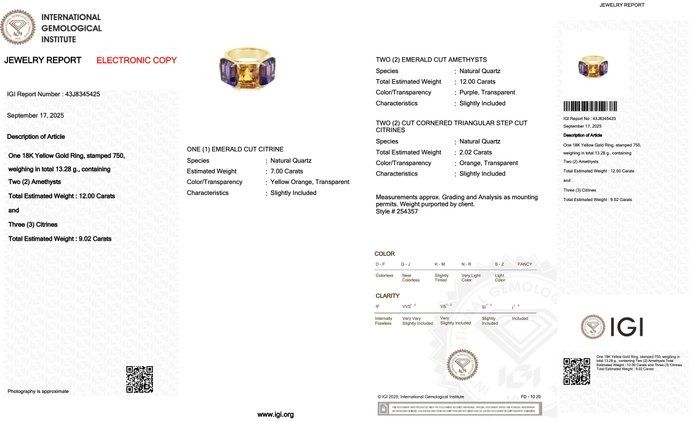 Enchanting 21.02ct Citrine, Amethysts, and Quartzs Ring in 18k Yellow Gold - IGI Certified