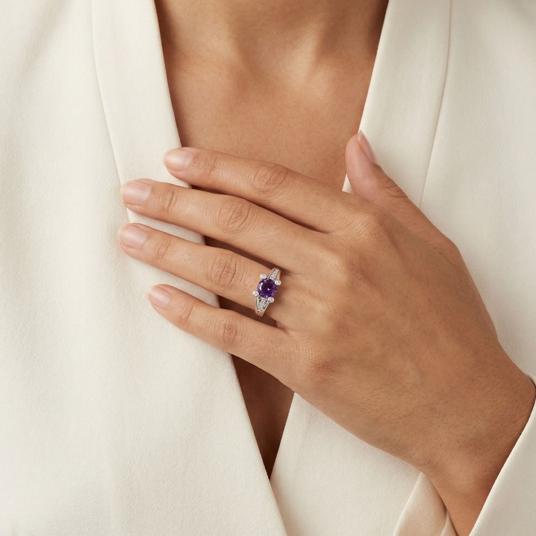 Enchanting 2.10ct Amethyst & Diamond Split Shank Ring in 14K White Gold