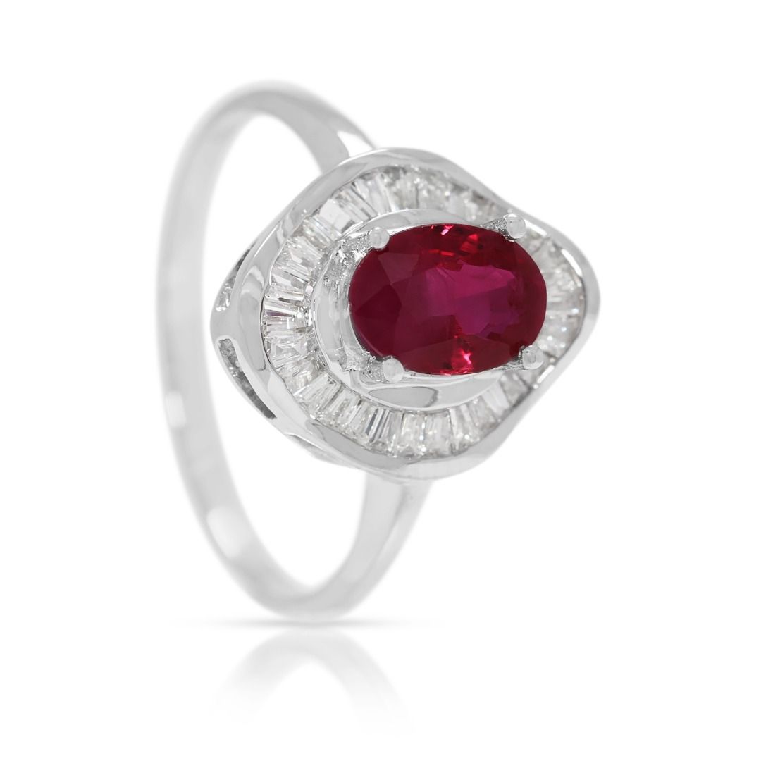 Exquisite 1.50ct Natural Ruby and Tapered Diamond 18k White Gold Ballerina Ring (New-unworn)