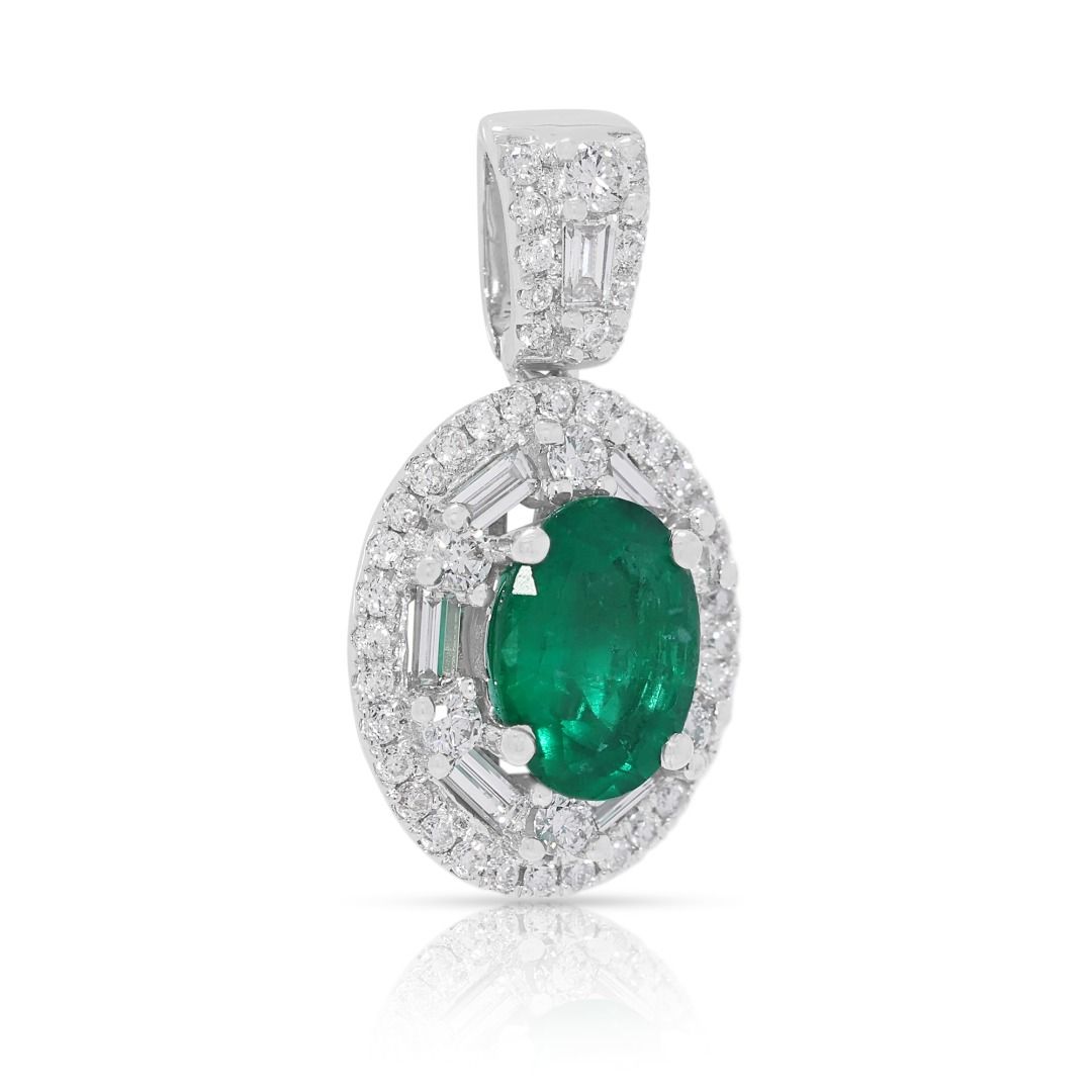 Exquisite 1.58ct Emerald and Diamond Architectural Halo Pendant in 18k White Gold (New and Unworn)