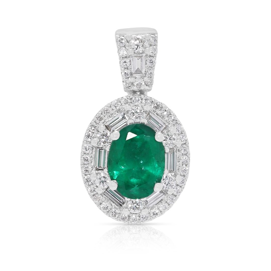 Exquisite 1.58ct Emerald and Diamond Architectural Halo Pendant in 18k White Gold (New and Unworn)