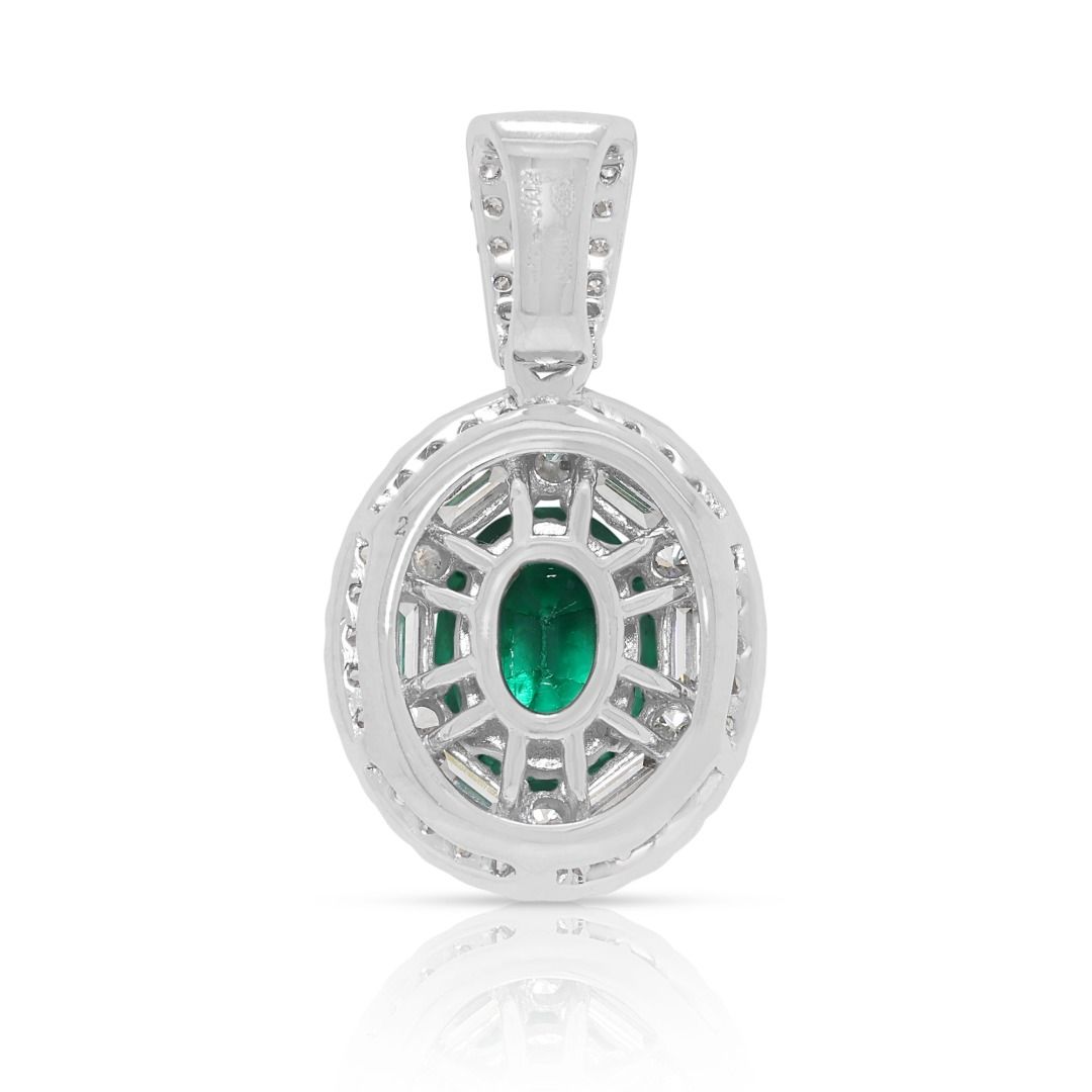 Exquisite 1.58ct Emerald and Diamond Architectural Halo Pendant in 18k White Gold (New and Unworn)