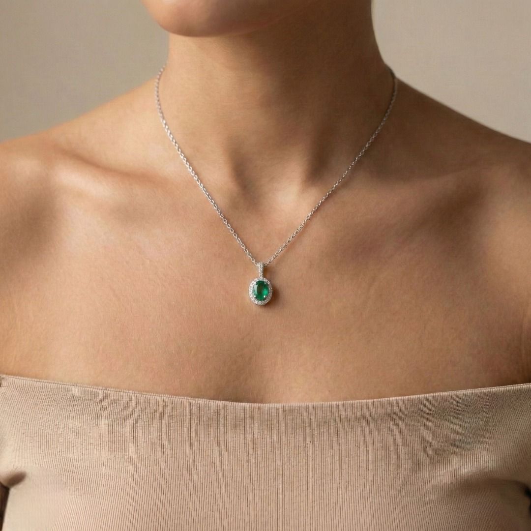 Exquisite 1.58ct Emerald and Diamond Architectural Halo Pendant in 18k White Gold (New and Unworn)