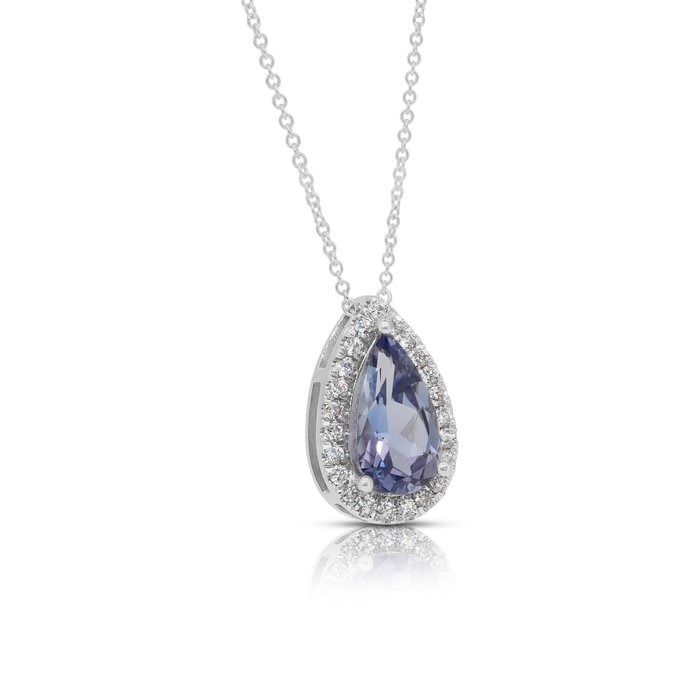 Exquisite 1.74ct Tanzanite and Diamonds Necklace with Halo Pendant in 18k White Gold - IGI Certified