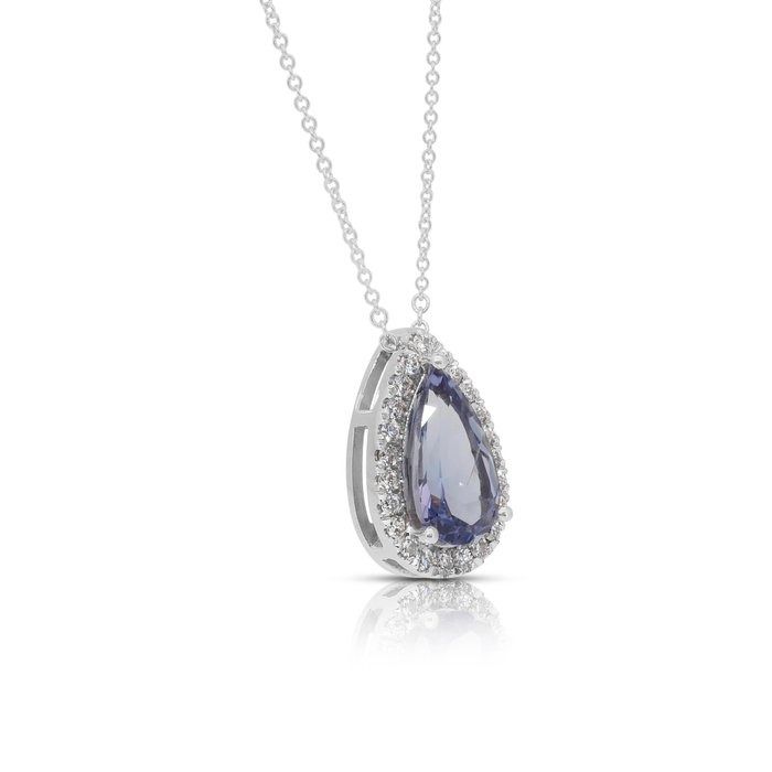 Exquisite 1.74ct Tanzanite and Diamonds Necklace with Halo Pendant in 18k White Gold - IGI Certified