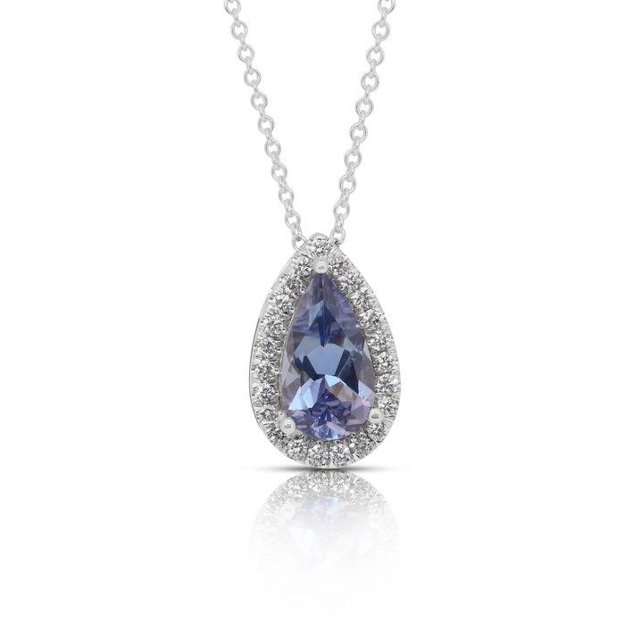 Exquisite 1.74ct Tanzanite and Diamonds Necklace with Halo Pendant in 18k White Gold - IGI Certified