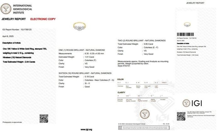 Exquisite 2.04ct Diamonds 3-Stone Ring in 18k Yellow & White Gold - IGI Certified