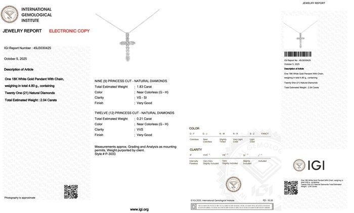 Exquisite 2.04ct Diamonds Necklace with Cross Pendant in 18k White Gold - IGI Certified