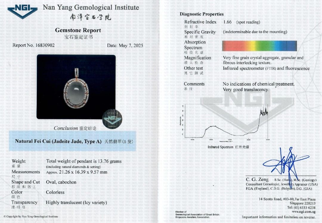 Exquisite 30ct Ice Jade & 1.3ct Natural Diamond Pendant in 18K Yellow Gold (New) - NGI Certified