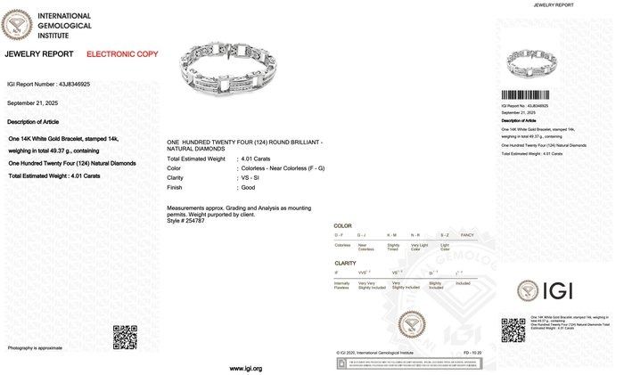 Exquisite 4.01ct Diamonds Bracelet in 14k White Gold - IGI Certified