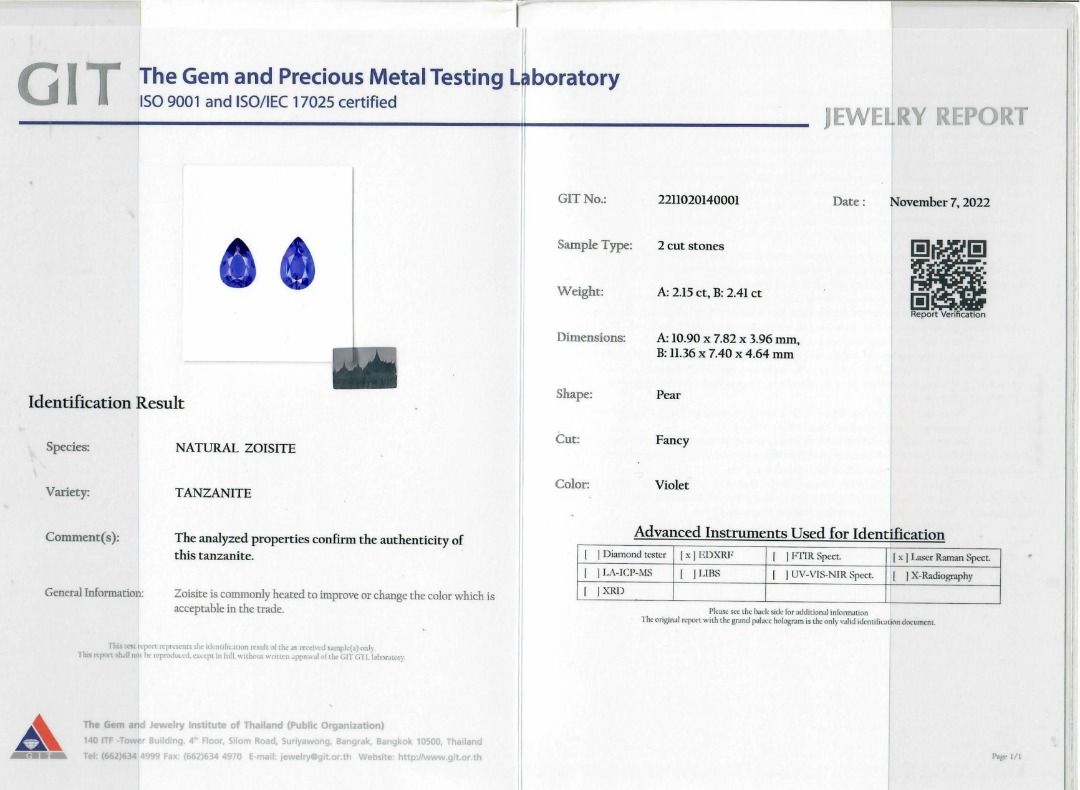 Exquisite 4.56ct Pair of Natural Pear-Shaped Violet Tanzanites - GIT Certified