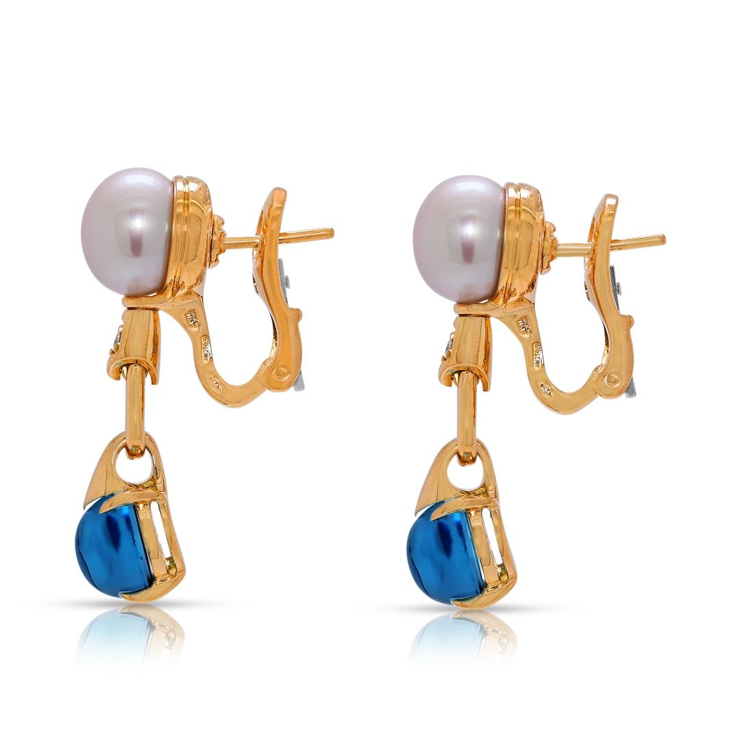 Exquisite 5.02ct Bvlgari Blue Topaz, Pearl, and Diamond 18k Gold Signature Drop Earrings (New-unworn)