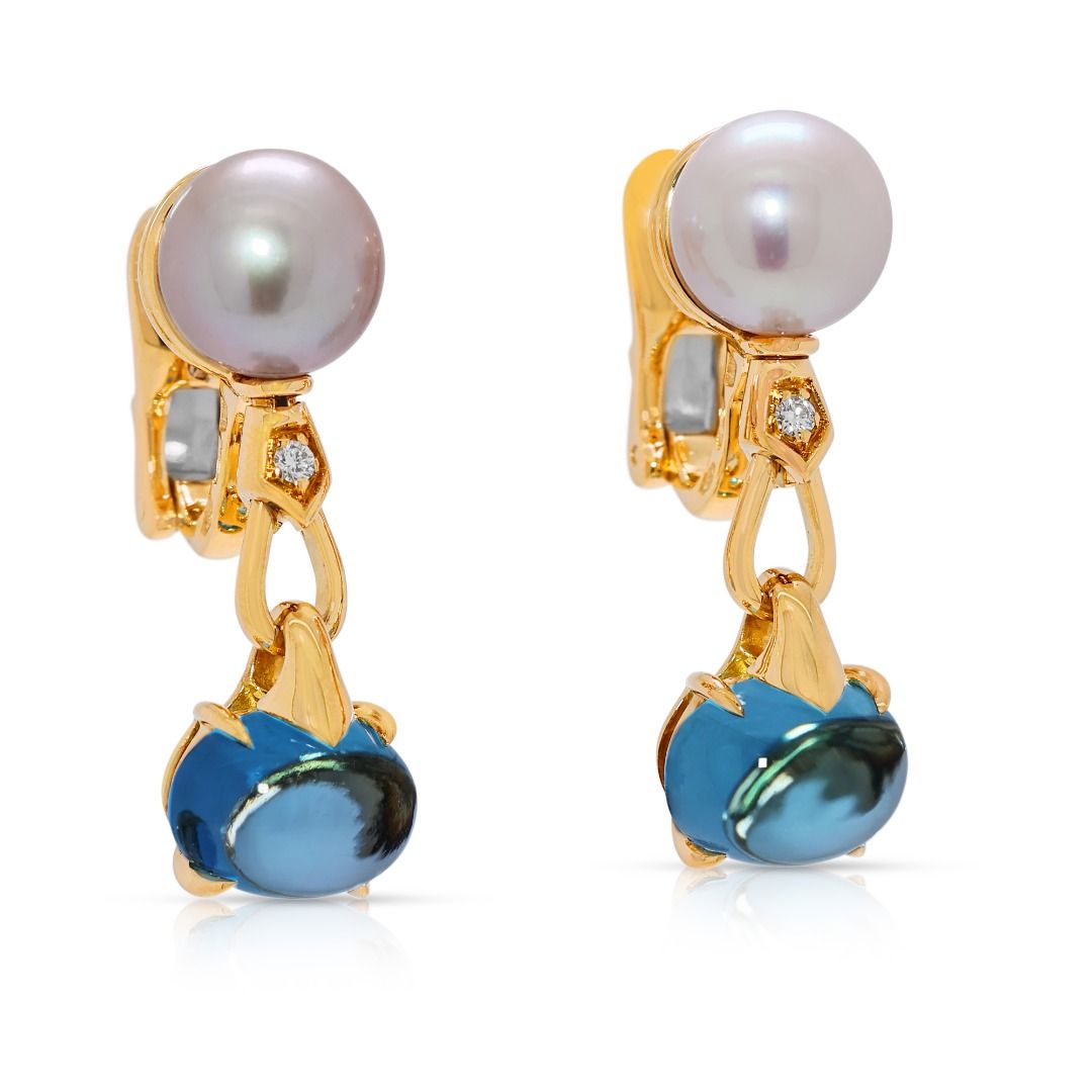 Exquisite 5.02ct Bvlgari Blue Topaz, Pearl, and Diamond 18k Gold Signature Drop Earrings (New-unworn)