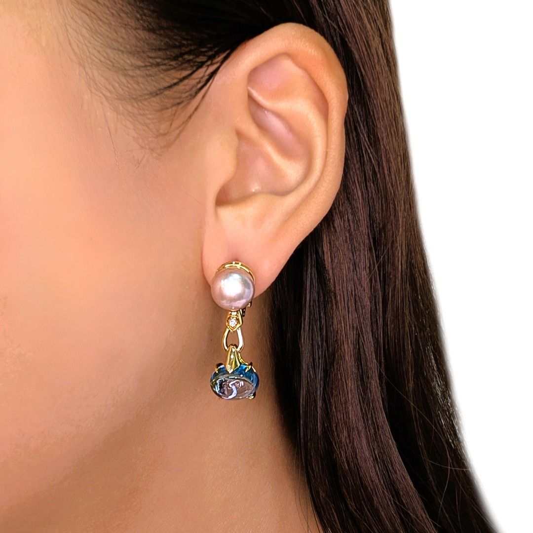 Exquisite 5.02ct Bvlgari Blue Topaz, Pearl, and Diamond 18k Gold Signature Drop Earrings (New-unworn)