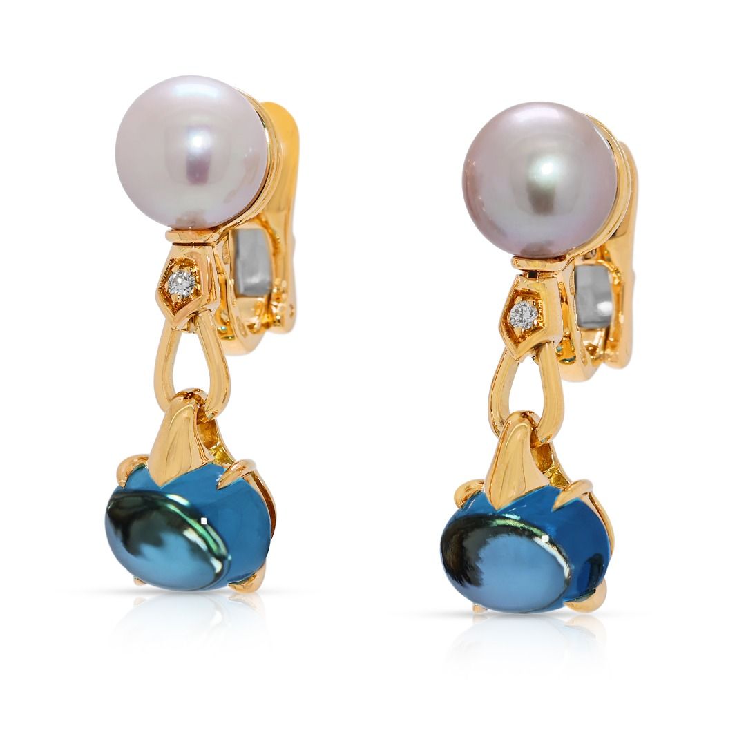 Exquisite 5.02ct Bvlgari Blue Topaz, Pearl, and Diamond 18k Gold Signature Drop Earrings (New-unworn)
