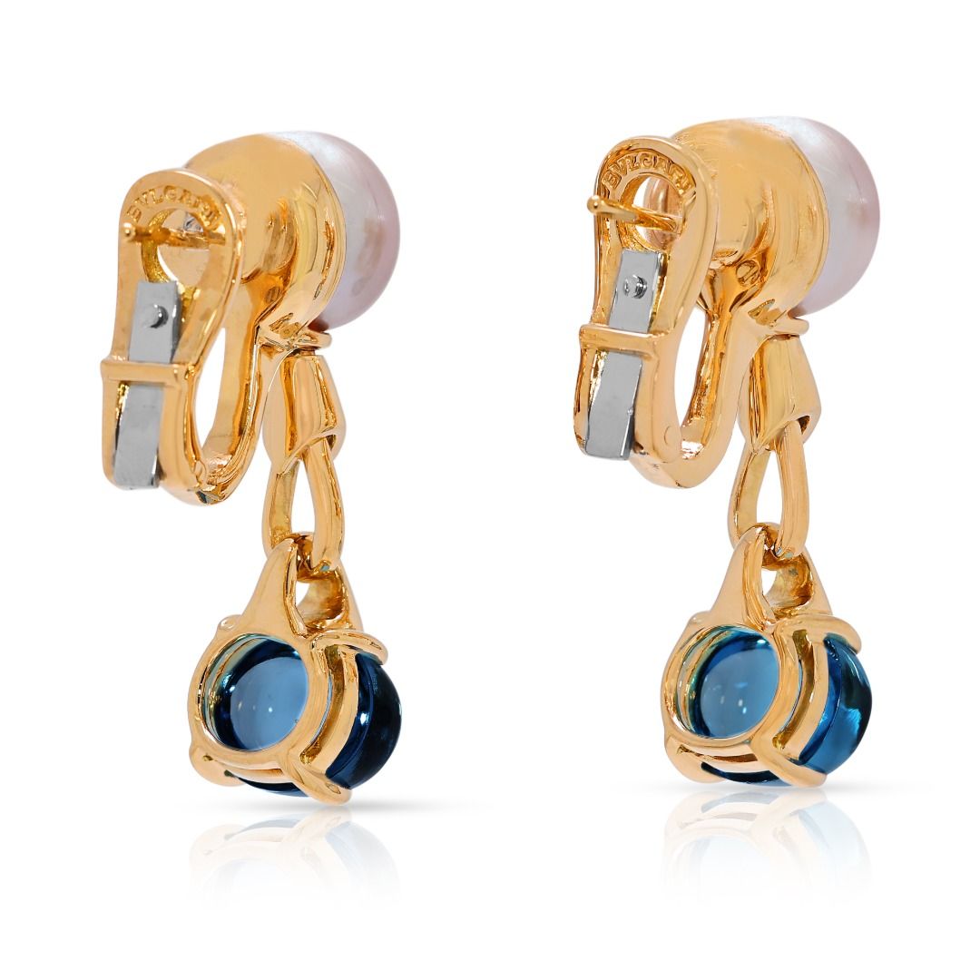 Exquisite 5.02ct Bvlgari Blue Topaz, Pearl, and Diamond 18k Gold Signature Drop Earrings (New-unworn)