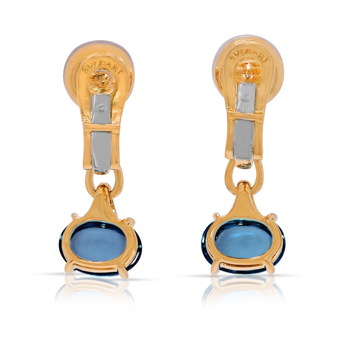 Exquisite 5.02ct Bvlgari Blue Topaz, Pearl, and Diamond 18k Gold Signature Drop Earrings (New-unworn)