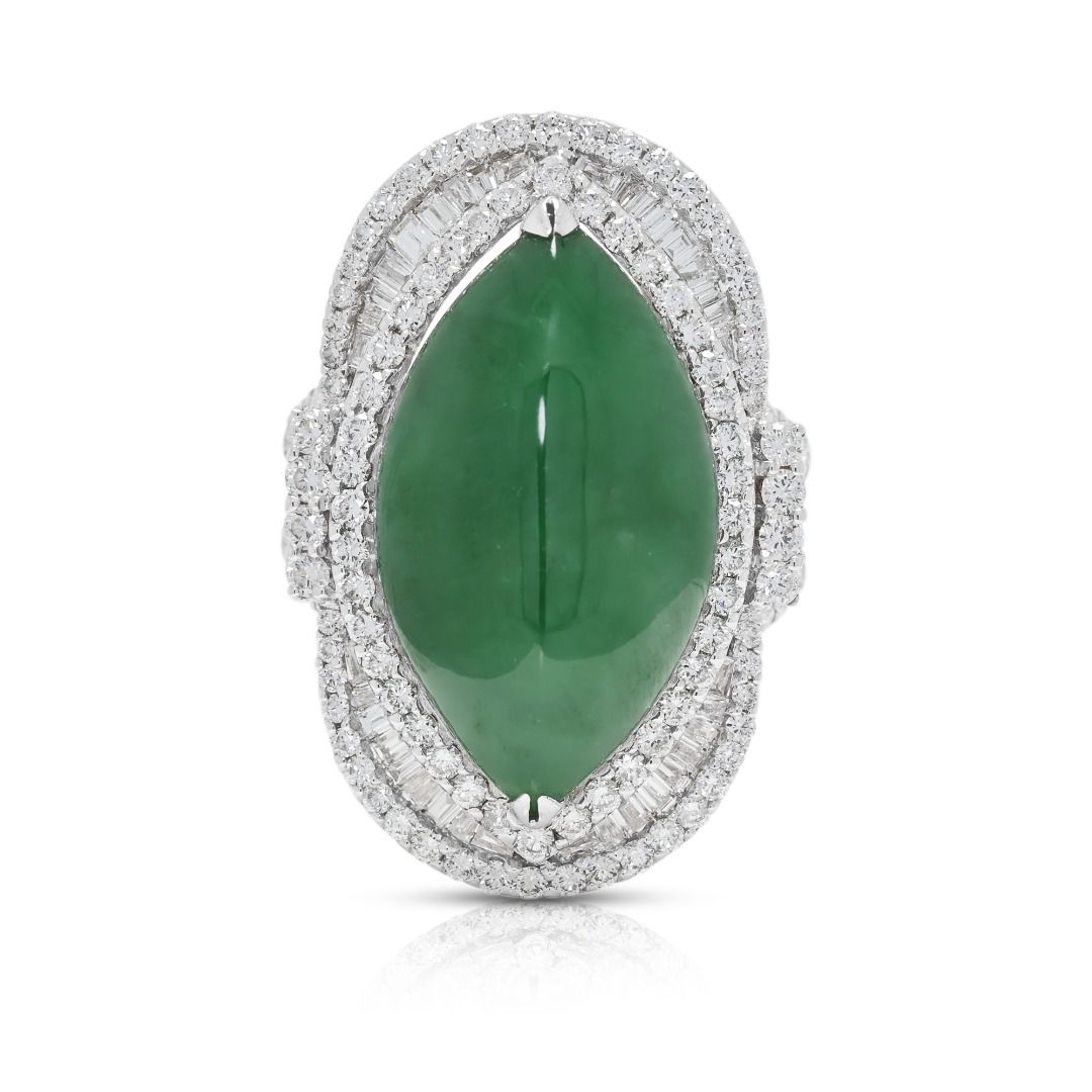Exquisite Fei Cui Jadeite & 1.37ct Double Halo Pavé Ring in 18K White Gold - NGI & HKJS Certified