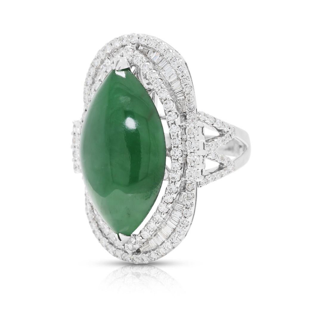 Exquisite Fei Cui Jadeite & 1.37ct Double Halo Pavé Ring in 18K White Gold - NGI & HKJS Certified
