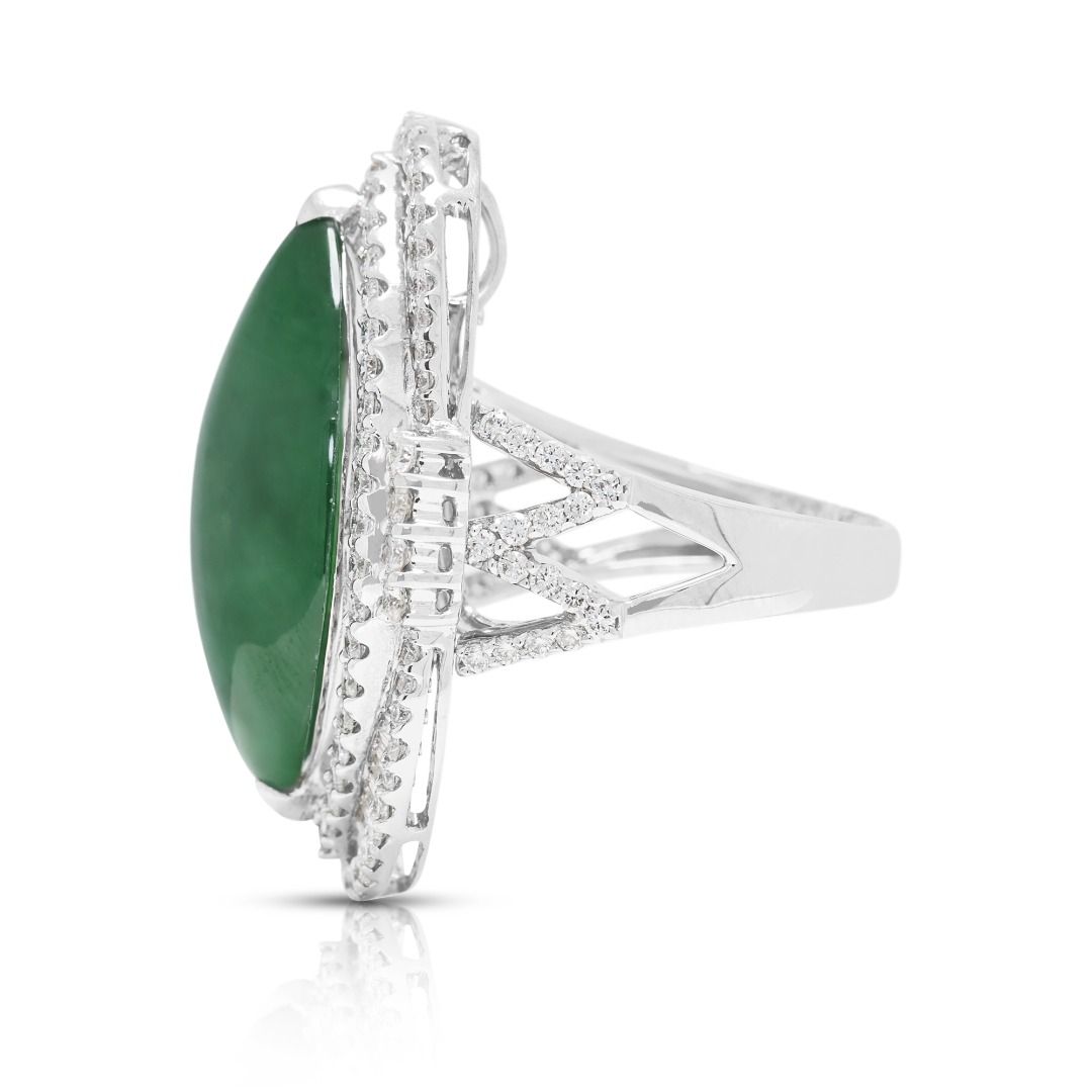 Exquisite Fei Cui Jadeite & 1.37ct Double Halo Pavé Ring in 18K White Gold - NGI & HKJS Certified