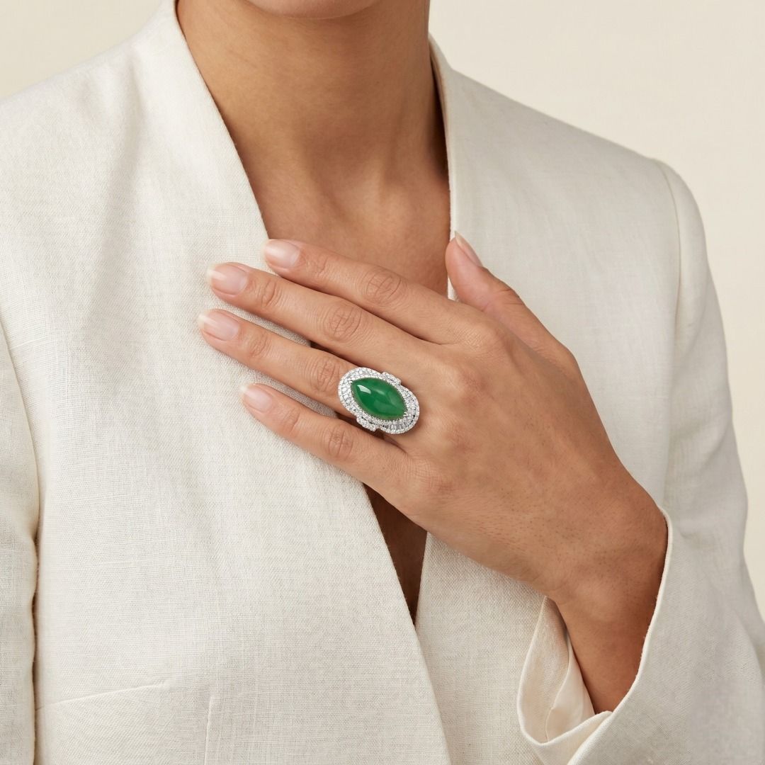 Exquisite Fei Cui Jadeite & 1.37ct Double Halo Pavé Ring in 18K White Gold - NGI & HKJS Certified