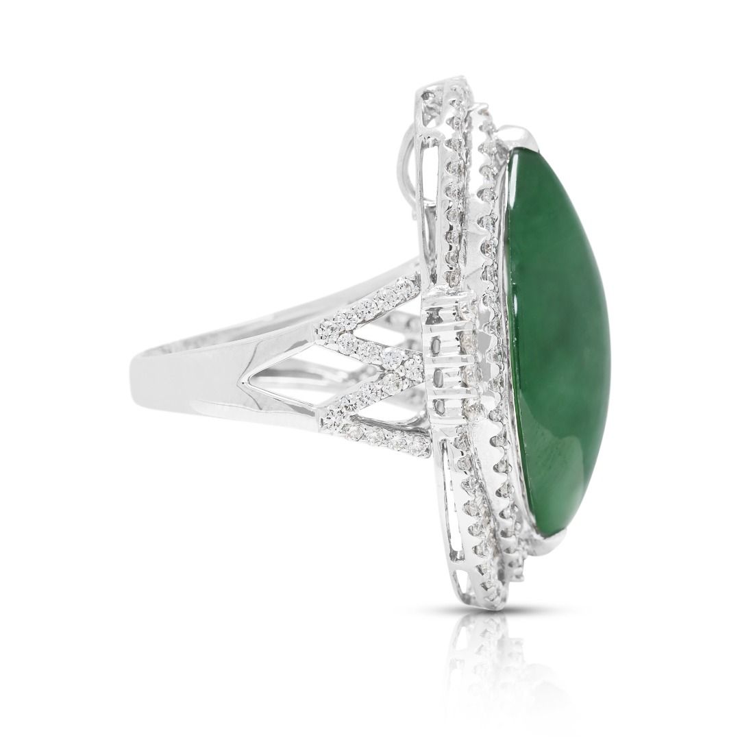 Exquisite Fei Cui Jadeite & 1.37ct Double Halo Pavé Ring in 18K White Gold - NGI & HKJS Certified