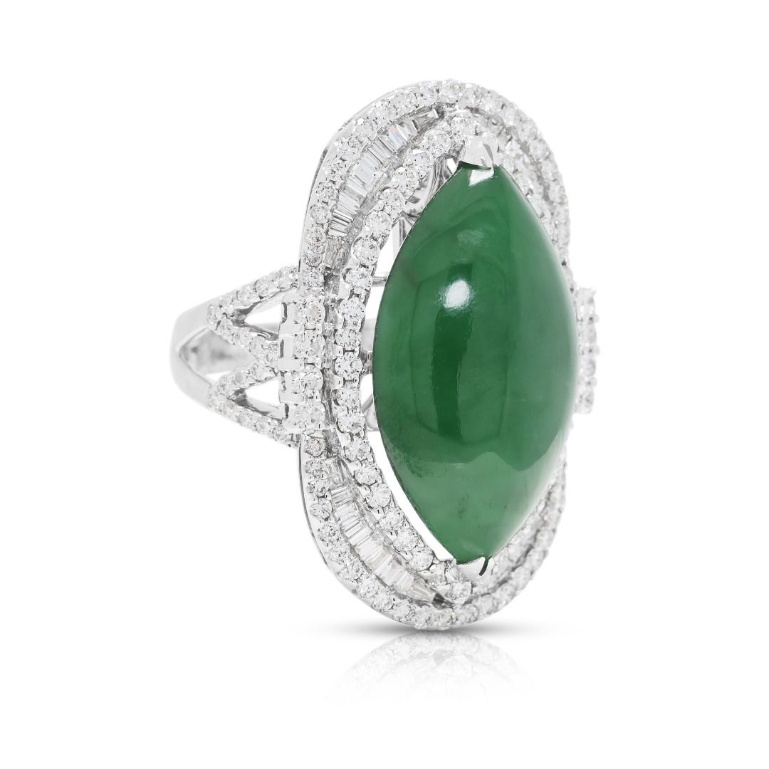 Exquisite Fei Cui Jadeite & 1.37ct Double Halo Pavé Ring in 18K White Gold - NGI & HKJS Certified