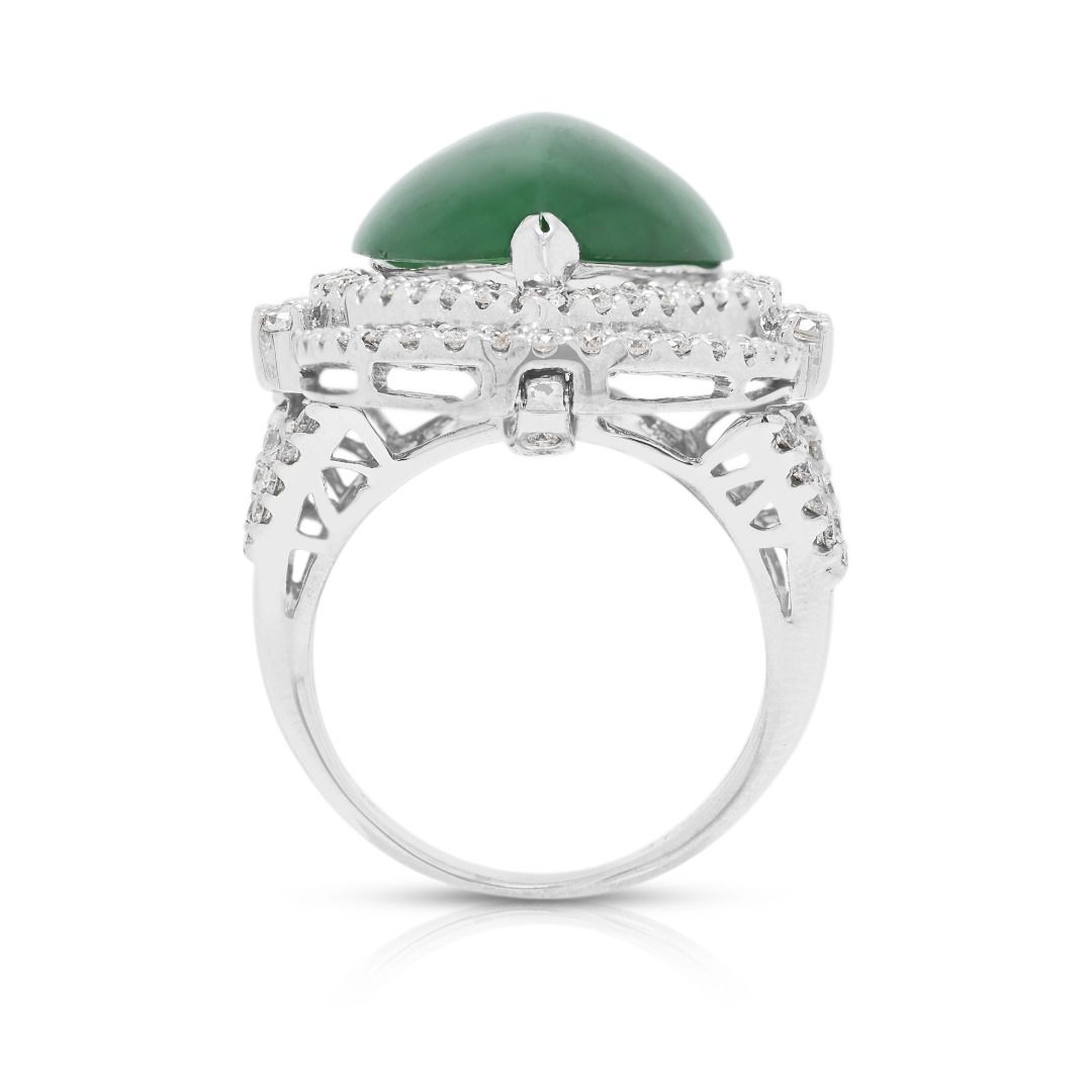 Exquisite Fei Cui Jadeite & 1.37ct Double Halo Pavé Ring in 18K White Gold - NGI & HKJS Certified