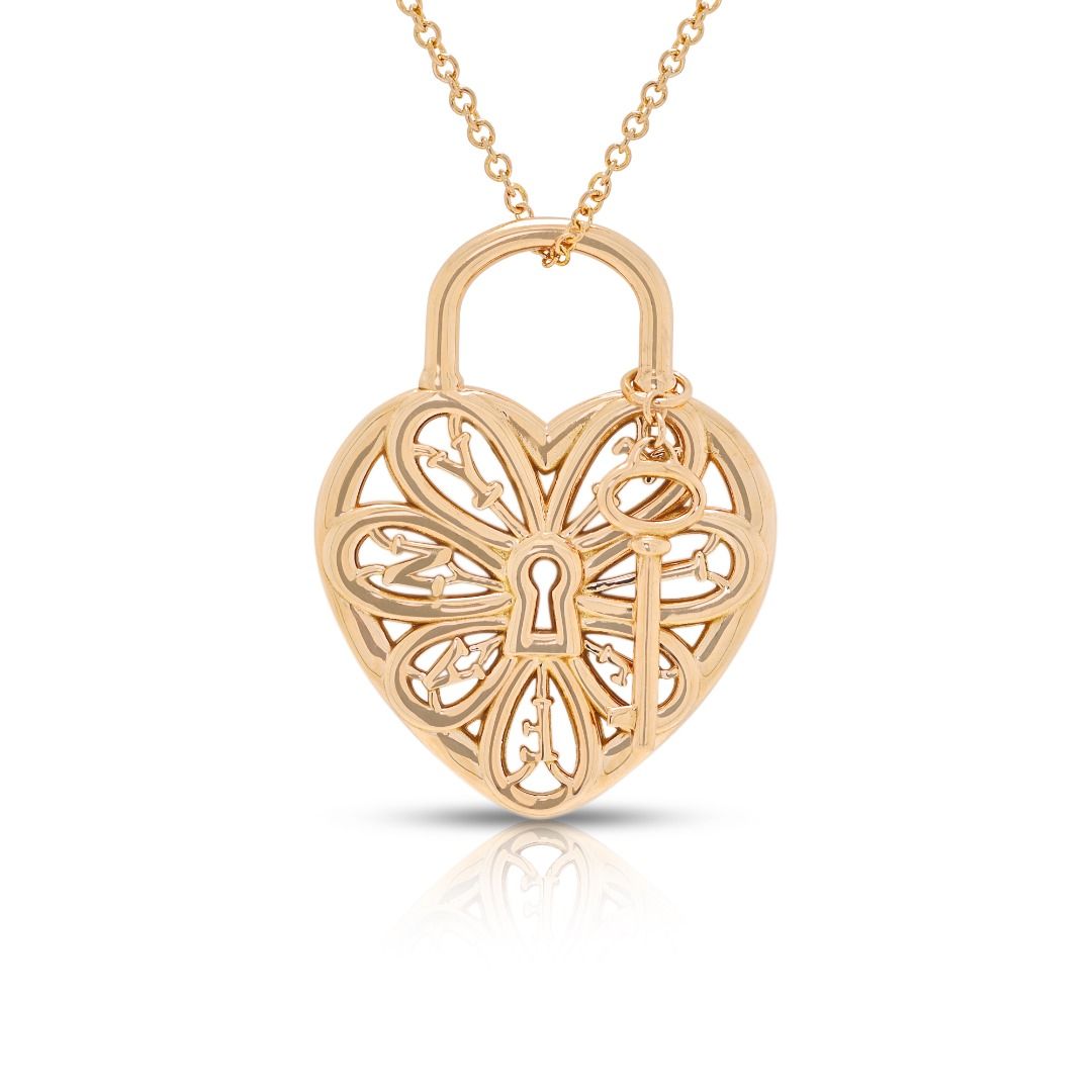 Exquisite Filigree Heart & Key Pendant Necklace in 18K Yellow Gold by Tiffany & Co.