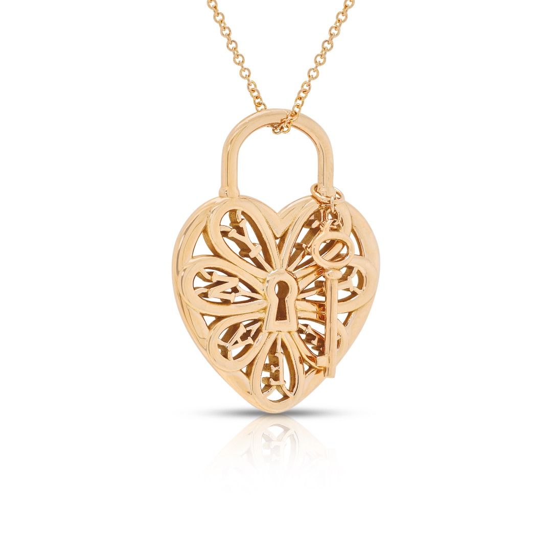 Exquisite Filigree Heart & Key Pendant Necklace in 18K Yellow Gold by Tiffany & Co.