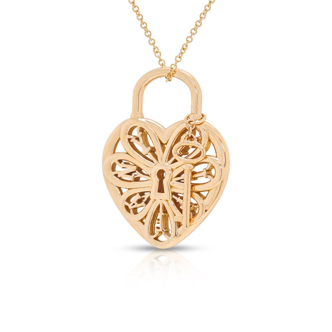 Exquisite Filigree Heart & Key Pendant Necklace in 18K Yellow Gold by Tiffany & Co.