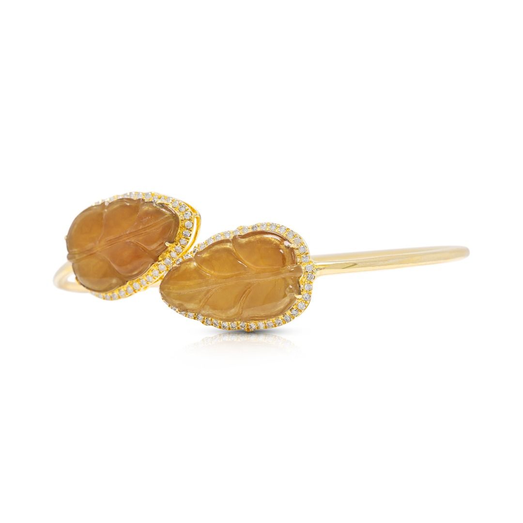 Exquisite Honey Yellow Jade with 0.42ct Diamonds Bangle in 18K Yellow Gold