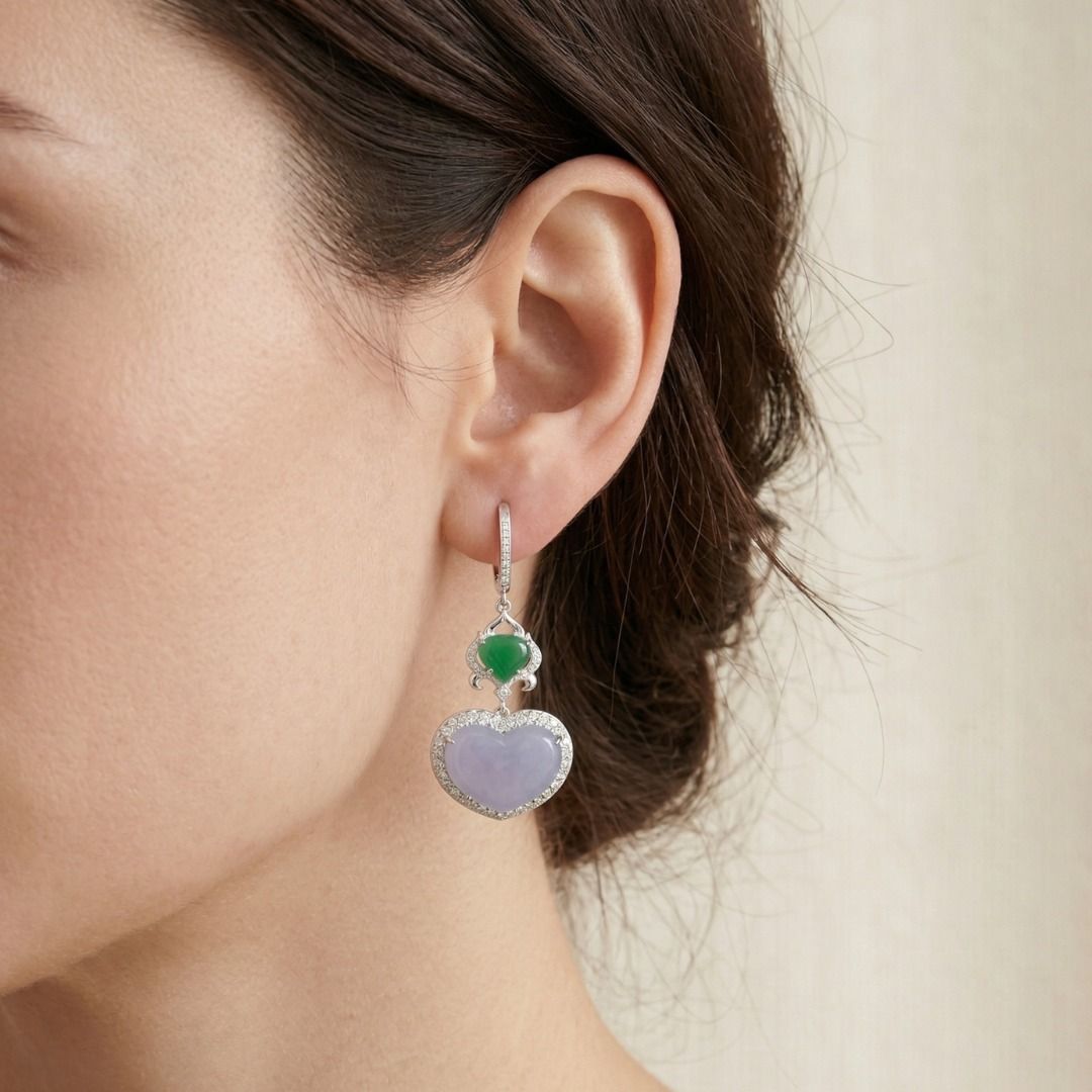 Exquisite Jade & Diamond Drop Earrings in 18K White Gold