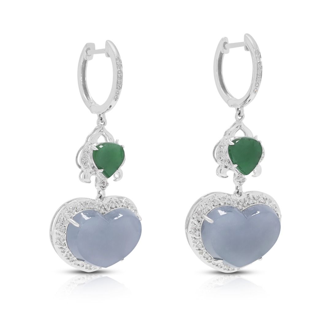 Exquisite Jade & Diamond Drop Earrings in 18K White Gold