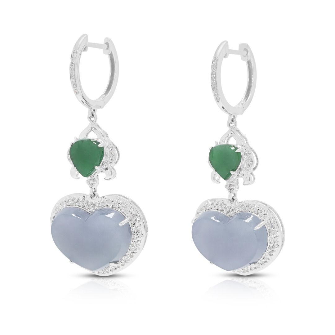 Exquisite Jade & Diamond Drop Earrings in 18K White Gold