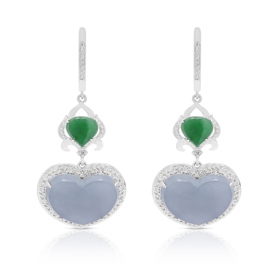 Exquisite Jade & Diamond Drop Earrings in 18K White Gold
