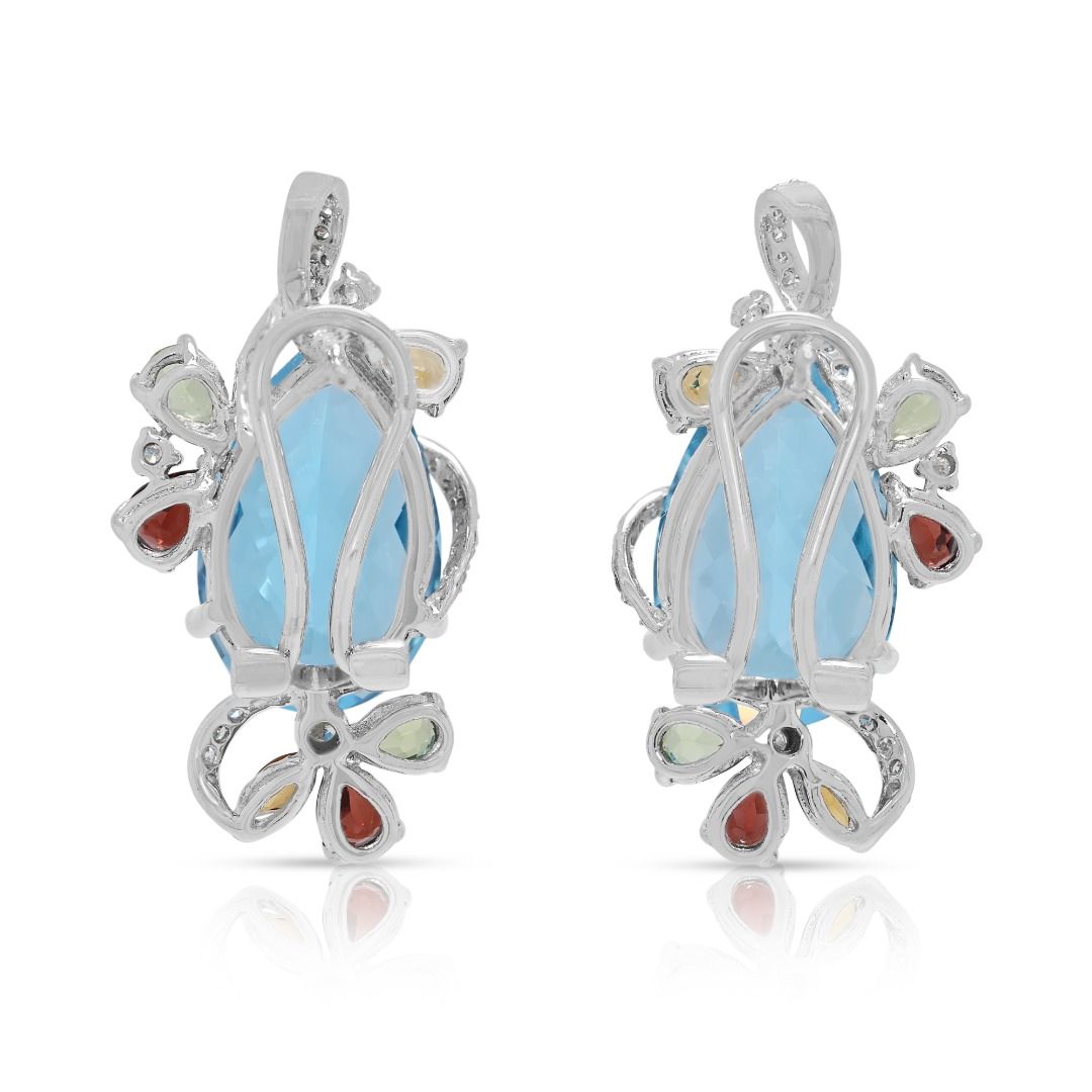 Exuberant 17.33ct Diamond & Multi-Gem Earrings with Blue Topaz in 18K White Gold