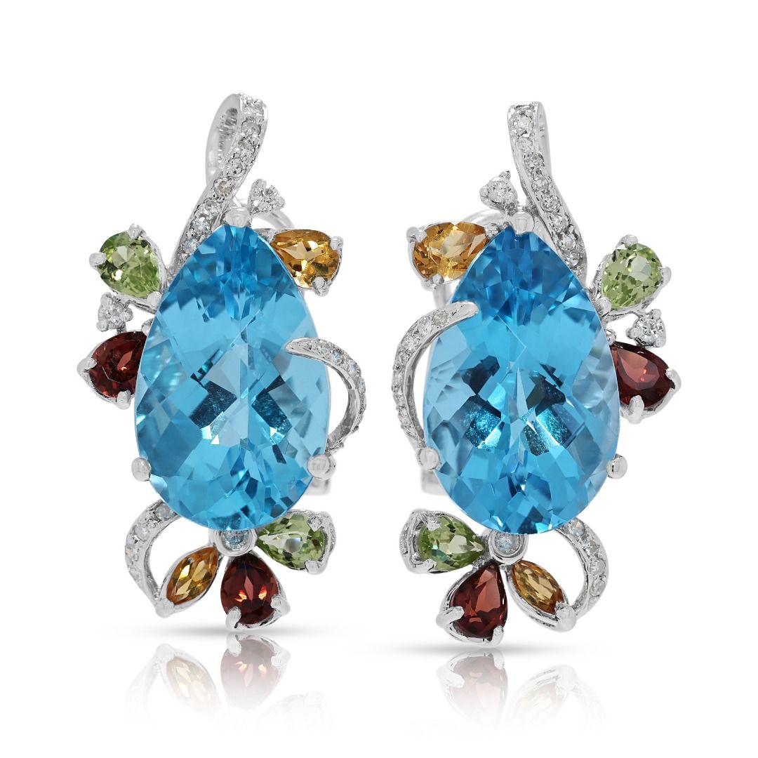 Exuberant 17.33ct Diamond & Multi-Gem Earrings with Blue Topaz in 18K White Gold
