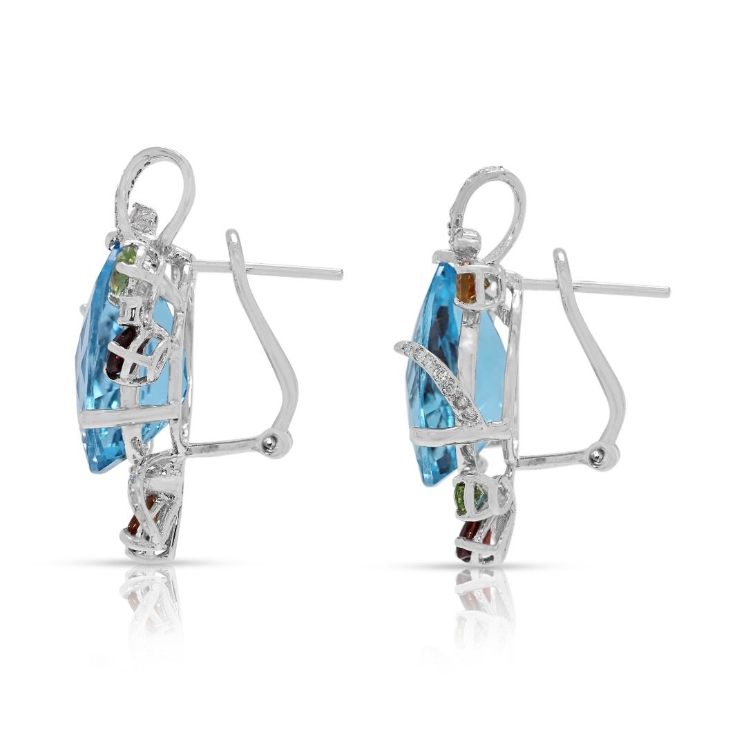 Exuberant 17.33ct Diamond & Multi-Gem Earrings with Blue Topaz in 18K White Gold