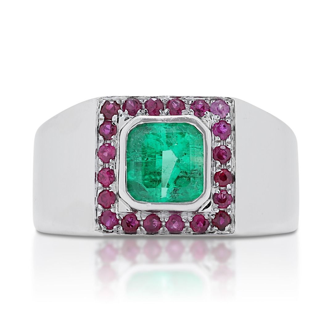 Fabulous 1 carat and 5 points Emerald and Rubies Dome Seal Ring in 18K White Gold