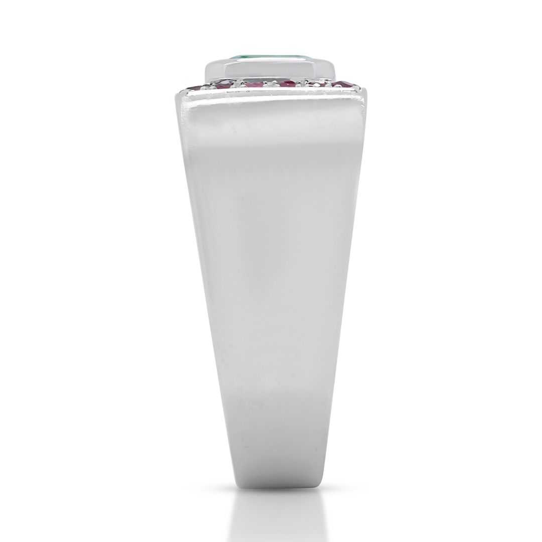 Fabulous 1 carat and 5 points Emerald and Rubies Dome Seal Ring in 18K White Gold