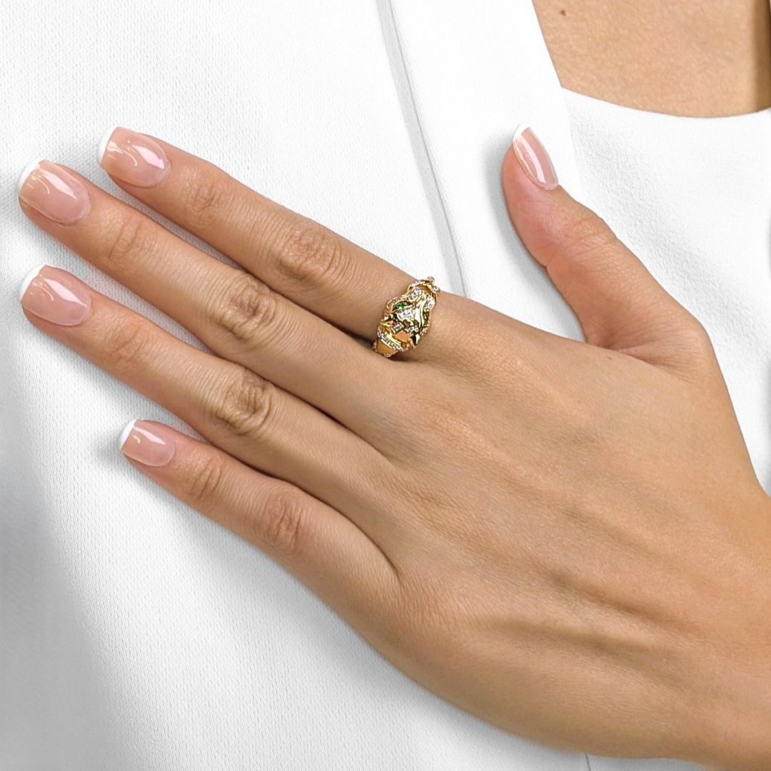 Fierce 0.22ct Emerald & Natural Diamond Panther Ring in 18K Yellow Gold