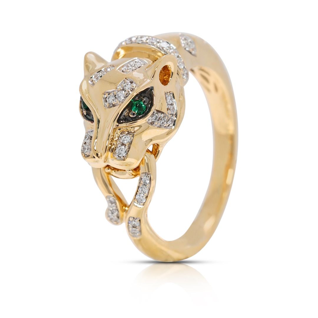 Fierce 0.22ct Emerald & Natural Diamond Panther Ring in 18K Yellow Gold