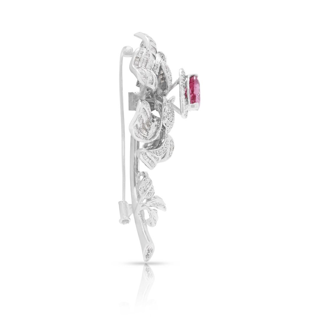 Floral 6.87ct Tourmaline & Natural Diamond Brooch in 18K White Gold