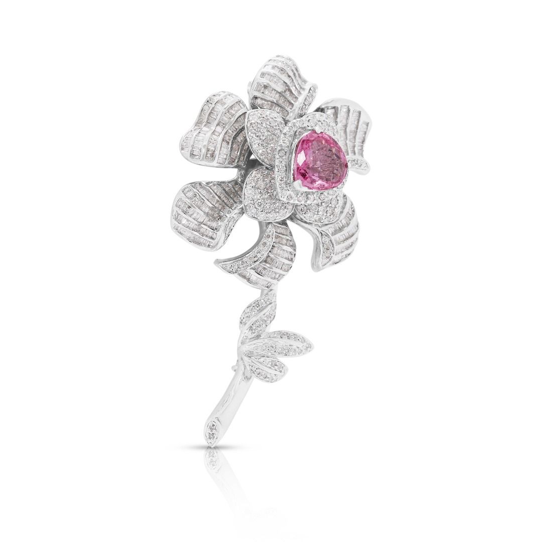 Floral 6.87ct Tourmaline & Natural Diamond Brooch in 18K White Gold