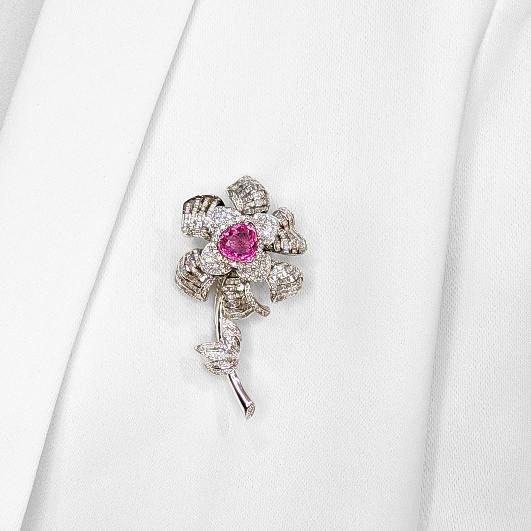 Floral 6.87ct Tourmaline & Natural Diamond Brooch in 18K White Gold