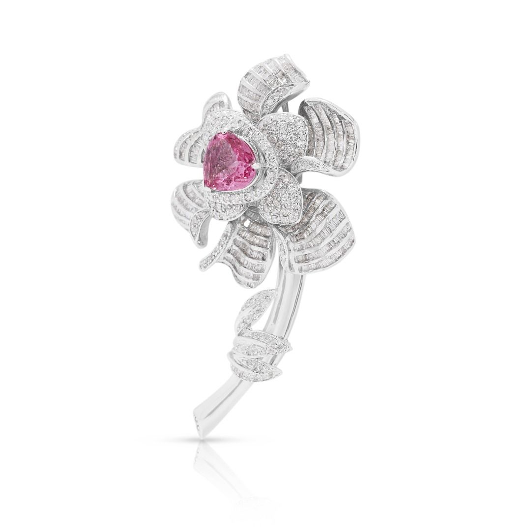 Floral 6.87ct Tourmaline & Natural Diamond Brooch in 18K White Gold