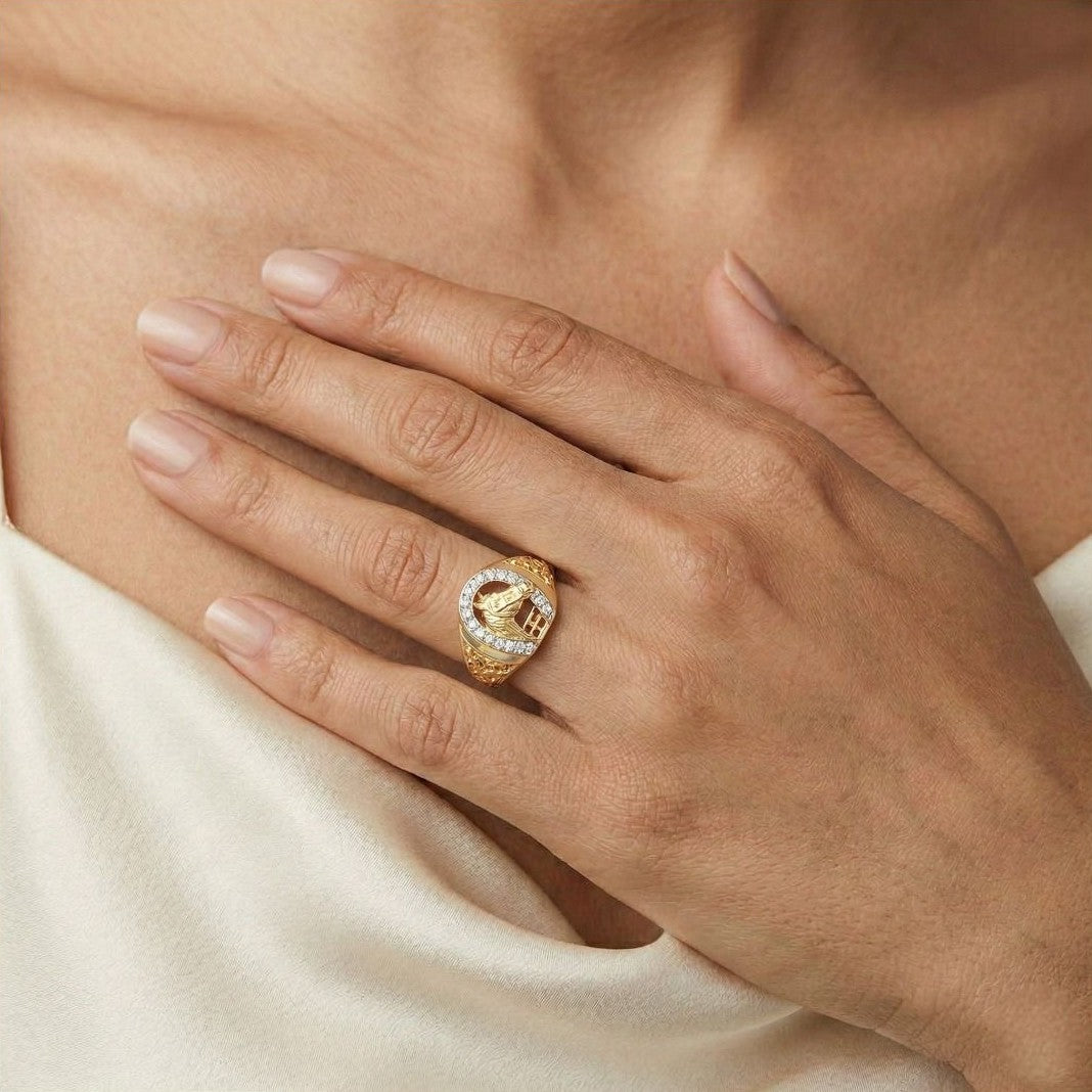 Galloping 0.12ct Natural Diamond Horseshoe Statement Ring in 9K Yellow Gold