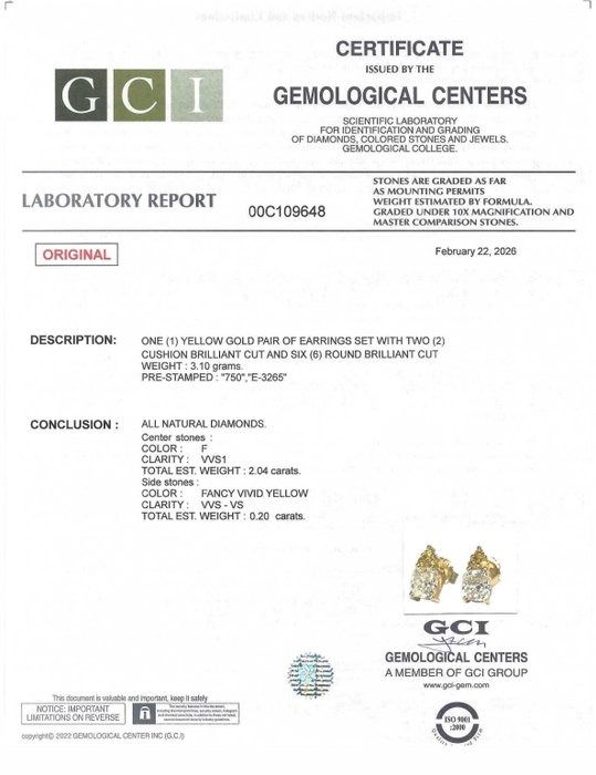 GCI Certified 2.24ct Diamonds Earrings in 18k Yellow Gold