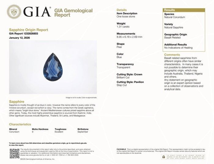 GIA Certified 1.31ct Pear-Shaped Sapphire Gemstone
